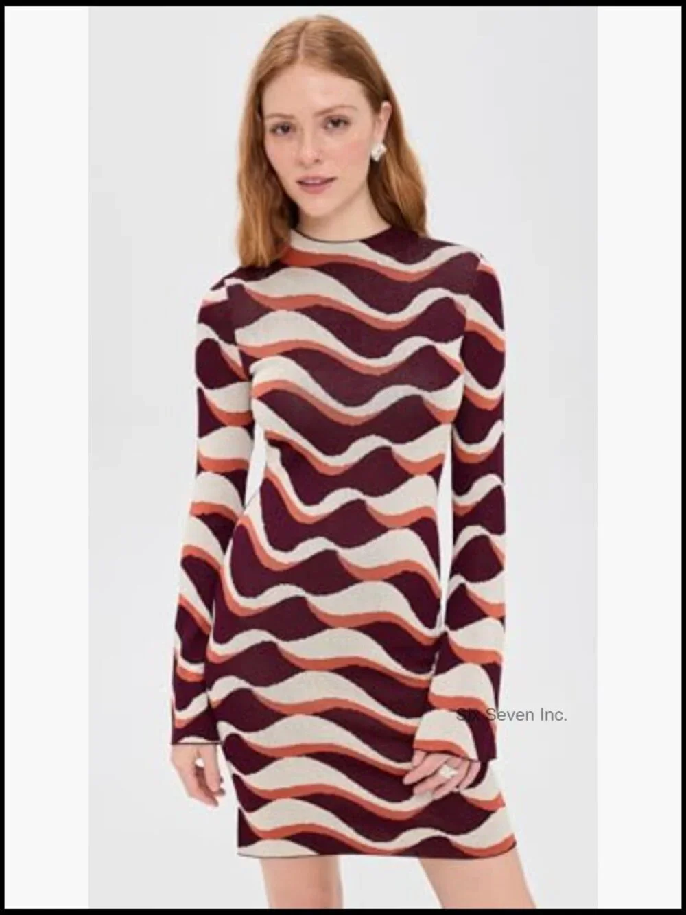 Lightweight Jacquit Knit Dress with Flared Cuffs and Mock Neck - Picture 2 of 6